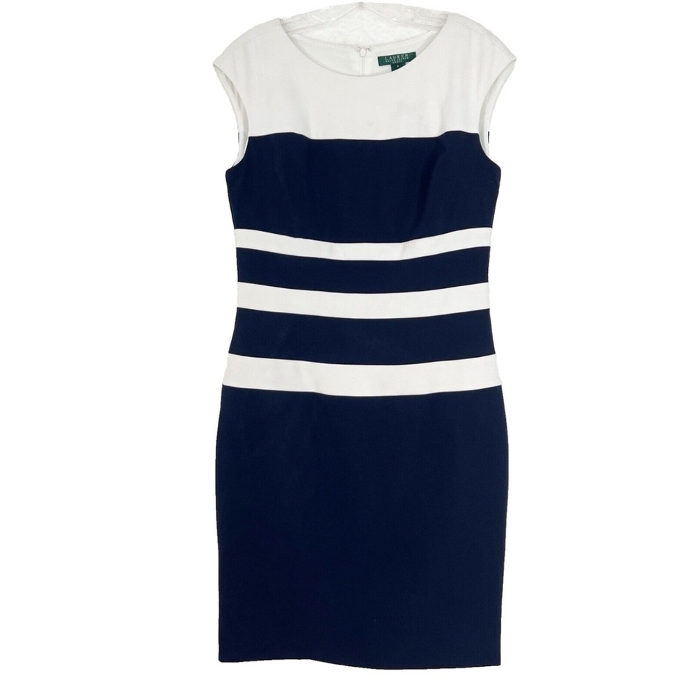 Lauren Ralph Lauren White and Blue Sheath Dress Cap Sleeve Preppy Nautical